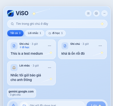 ViSO panel inside a web page: this page's notes as cards, filter chips and a composer